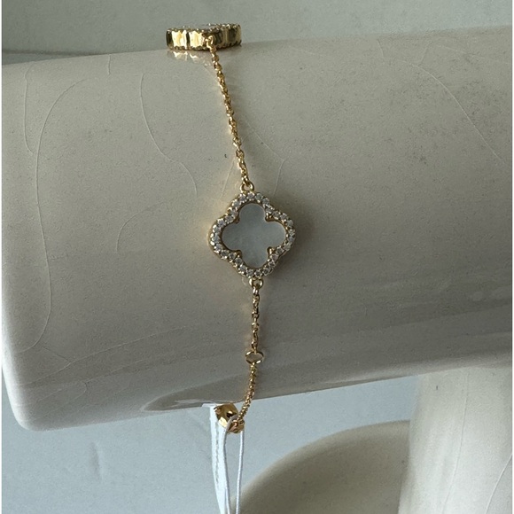 Rachel Zoe Gold Plated 925 Ster Silver Revers Bracelet Pave 3 Clover Moth OPearl - Picture 1 of 8